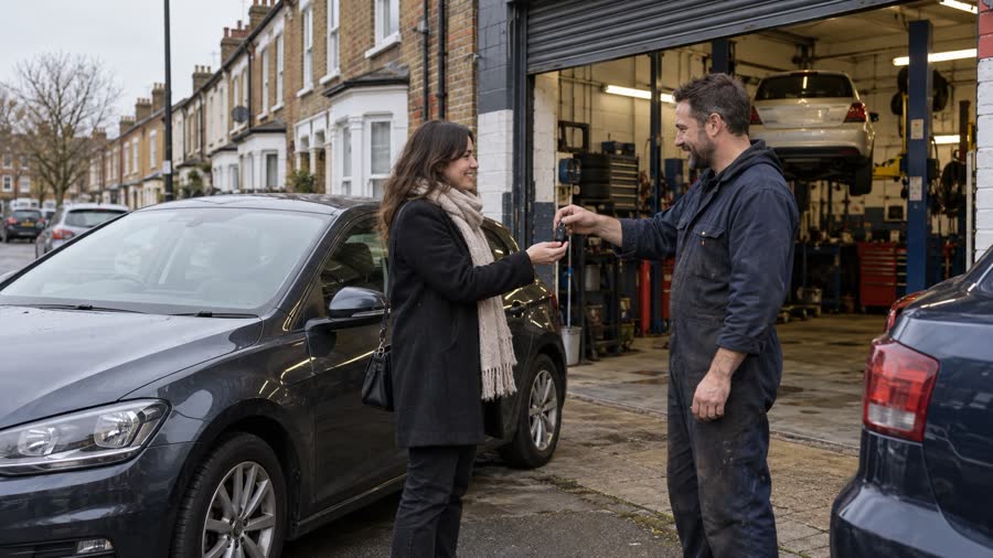 Customer collecting car keys outside a local London garage