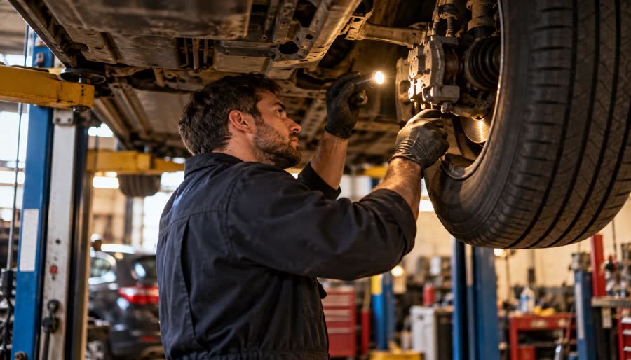Mechanic checking tyres and brakes under a car on a lift