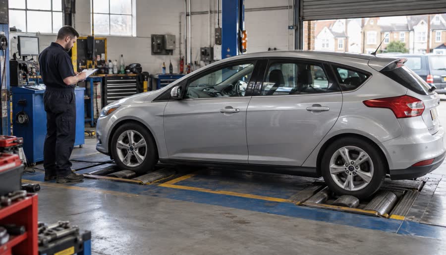Family hatchback in an MOT test bay at a London garage